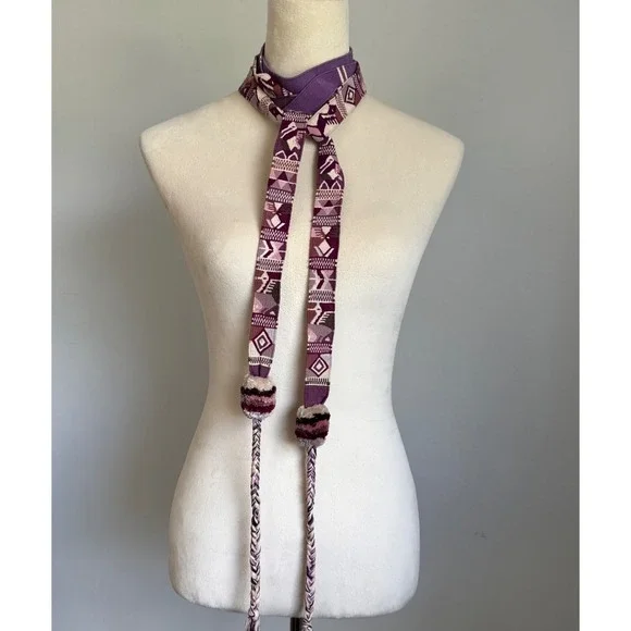 Woven‎ Fabric Belt Sash Aztec Geometric Purple Boho Hippie Pom Pom Tie Belt - Picture 3 of 9